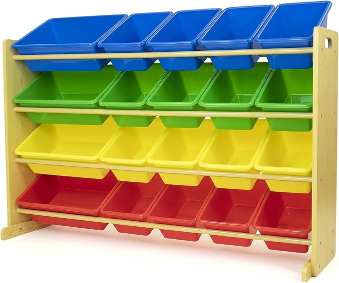Humble Crew Kids Toy Organizer with 20 Bins, 4 Tier Storage for Playroom | Sturdy wood and steel toddler shelf, removable BPA-free containers, wall anchor anti-tip safety kit for bedroom or classroom by HumbleCrew