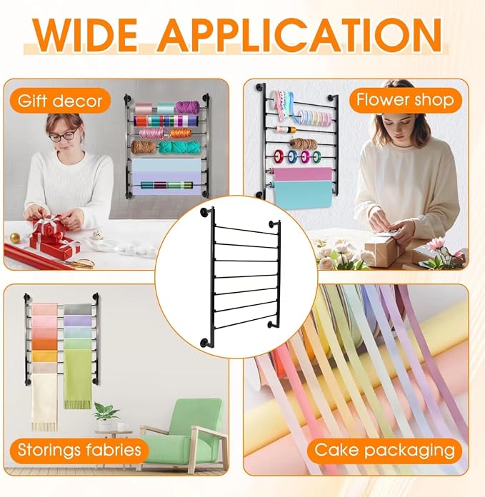7-Tier Wall Mount Ribbon Holder Organizer Rack | Large Capacity Metal Ribbon Storage for Craft Room, Wrapping Paper, Scarf, Belt & Flower Shop Display - Image 6