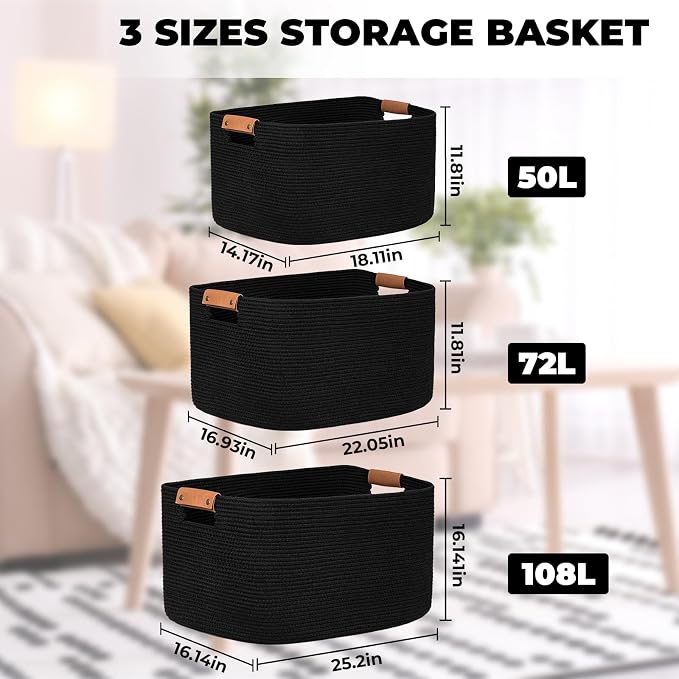 Large Woven Basket, 108 L Blanket Basket for Living Room, Nursery Bin for Toys Organizing & Laundry, Cotton Rope Hamper with Leather Handle, 25’’*16’’*16’’ Black - Image 6