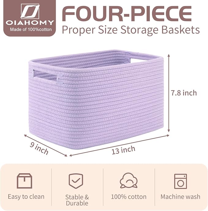 OIAHOMY 4 Pack Storage Baskets for Organizing 15L Cube Storage Bins Purple | Woven Baskets for Storage Rectangle Small Baskets With Handles Baskets for Shelves Wicker Baskets for Shelves 12.7x9x7.8inch - Image 2