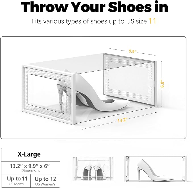 X-Large Shoe Storage Box Fit Size 11, Clear Plastic Stackable Shoe Organizer for Closet, Space Saving Foldable Shoe Rack Sneaker Container Bin Holder, 12 Pack Clear - Image 5