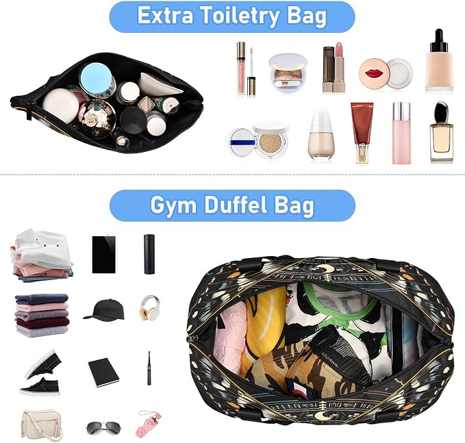 MNSRUU Travel Duffel Tote Bag Mysterious Skull Horoscope Black Gold Marble Stripe Sports with Wet Pocket Weekender Overnight for Women Men Gym Bag, Carry On Hospital Labor & Delivery - Image 3