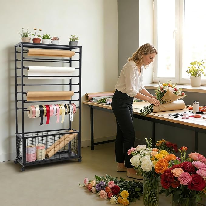 Ribbon Holder Ribbon Organizer Rack, 16-Layer Double-Sided Wrapping Paper Rack, Large Capacity Ion Rolling Ribbon Storage Rack with Top Shelf and Bottom Basket for Flower Shop, Craft Room, H: 60Inch - Image 2