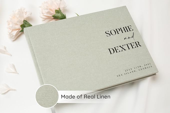 Personalized Linen Guest Book (Design 8) - 9 x 7.5 Hardcover Custom Wedding Guestbook Bride Groom Name Date Location Venue, Reception Ceremony Engagement Party Keepsake Signing Book w/ 120 Blank Pages - Image 3