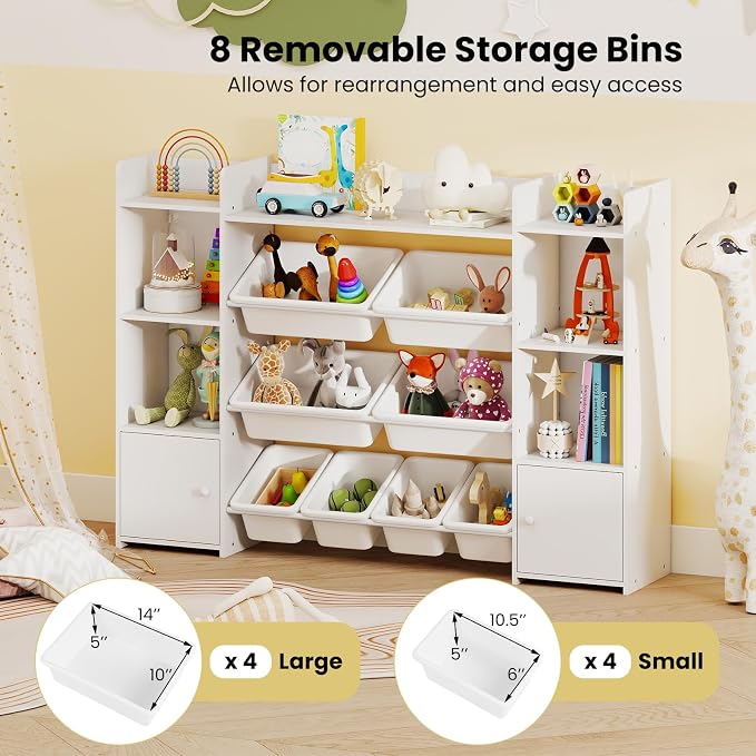 Costzon 56'' Kids Toy Storage Organizer with 8 Removable Bins, 4-Tier Toddler Bookshelf Cubbies, Preschool Children's Montessori Bookshelf w/6 Large Cabinet for Playroom, Daycare, Kids Room, Classroom - Image 4