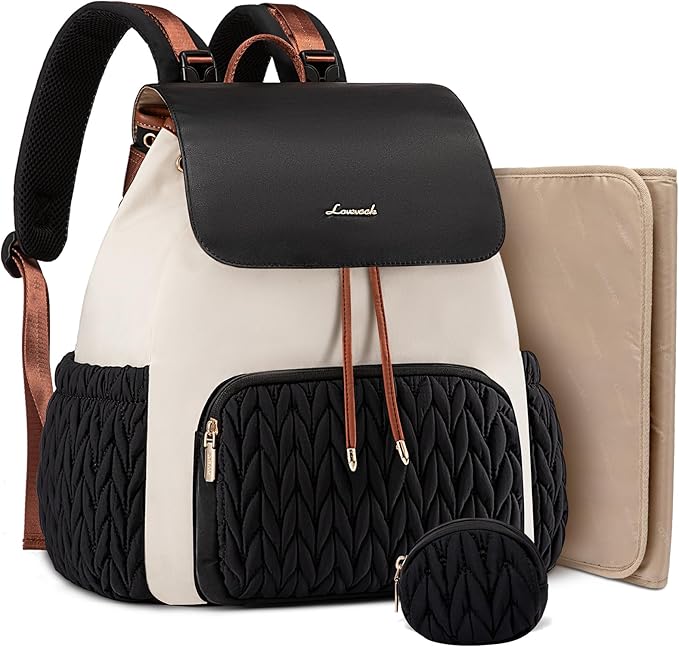 LOVEVOOK Diaper Bag Backpack, Small Baby Bag, Cute Baby Diaper Bag, Stylish Water-Resistant Travel Baby Bag for Mom, Baby Backpack with Changing Pad, Stroller Straps -Black Beige by LOVEVOOK