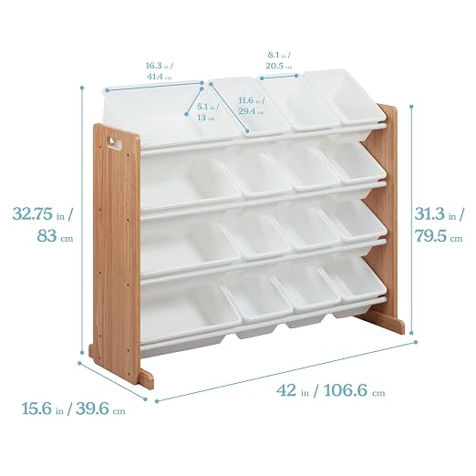 ECR4Kids 4-Tier Organizer with 16 Bins, Toy Storage, Dark Natural/White | Durable plastic bins, MDF panels, steel frame, GREENGUARD Gold Certified, 60 lb capacity, anti-tip kit, playroom/classroom - Image 3