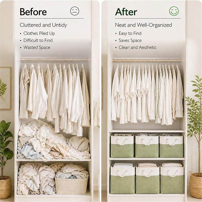 Fabric Storage Cubes 13 x 13, Collapsible Storage Bins for Shelf Baskets, Cube Storage Organizer White Green Bins with Cotton Handles, Foldable Storage Bin box, Cube Storage Bin 6 Pack - Image 6