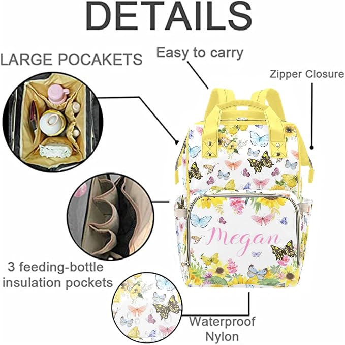 Customized Sunflower Butterfly Diaper Bag for Boys Girls Baby, Personalized Mommy Daypack with Name, Nylon Waterproof Backpack for Travel, Custom Gift for Women - Image 5