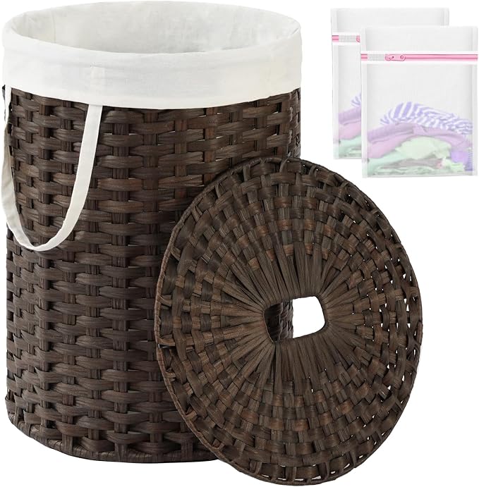 SETVSON Laundry Hamper with Lid 23.8 Gal (90 L) PE Rattan, Brown | Family Clothes & Blanket Trunk with Lid, Removable Liner Bag with Handles, 2 Mesh Wash Bags, Collapsible Steel Frame by SETVSON