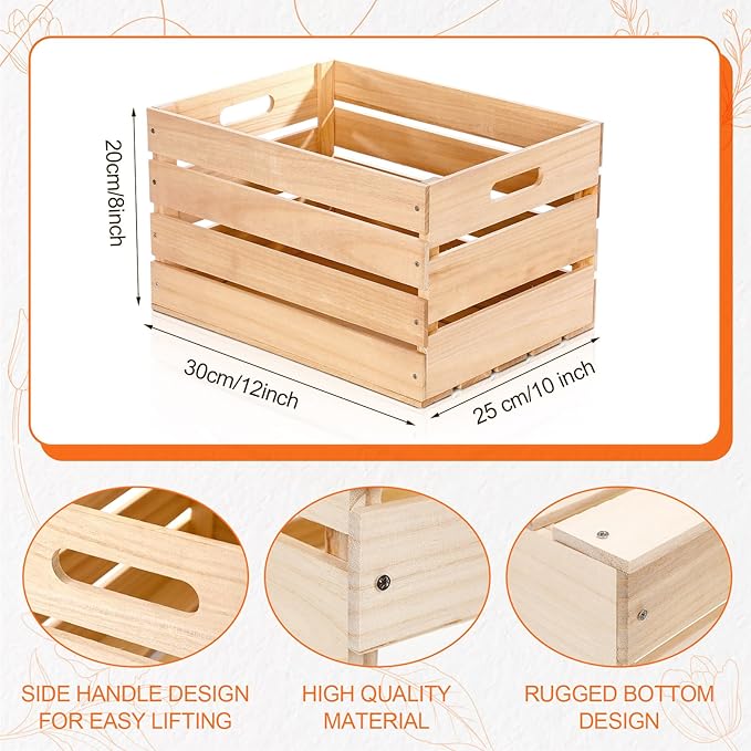 Weysat 3 Pack Large Wood Crates Box for Storage 12 x 10 x 8 Inch Unassembled Wooden Milk Crates with Handle Decorative Nesting Box for Display Rustic Decor DIY Office Home Retail Art Craft (Wood) - Image 2