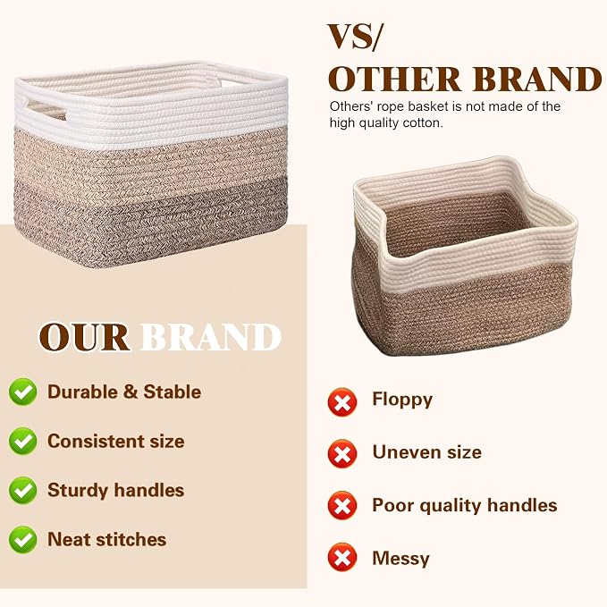 Storage Baskets for Organizing, 4 Pack Baskets for Shelves, Decorative Storage Bins for Shelves, Cotton Rope Storage Basket with Handles, Woven Basket for Storage, 13''Lx8.7''Wx7.9''H, Gradient Brown - Image 4
