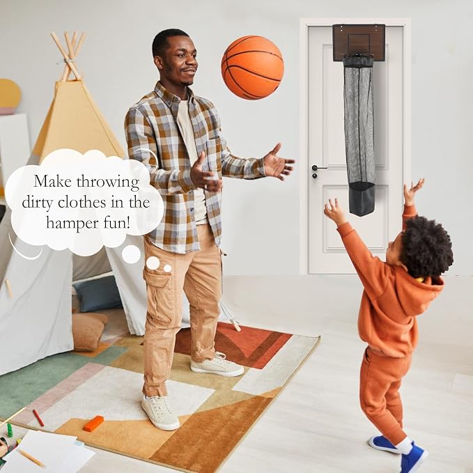 Over the Door Basketball Hoop Laundry Basket ,Wooden Basketball Laundry Hamper with Zipper for Kids Room,Dorm Rooms,Bathroom,Saving Space Storage and Organization (Dark Walnut) - Image 6