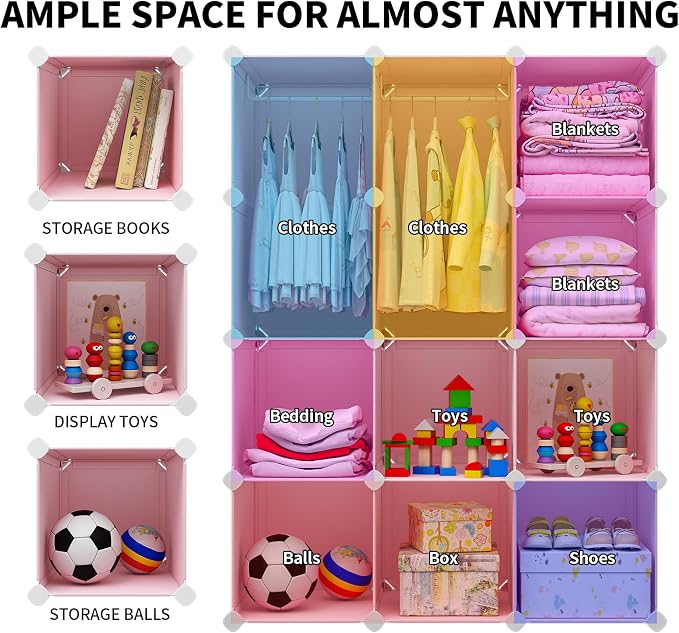 VIPZONE Baby Dresser, Kids Closet Organizers, Portable Kids Wardrobe for Closet, Bedroom, Nursery, Cubby, Cabinet, Clothes, Dress, Baby Storage Shelf, Armoire Clothes Hanging (12 Cube, Pink) - Image 5