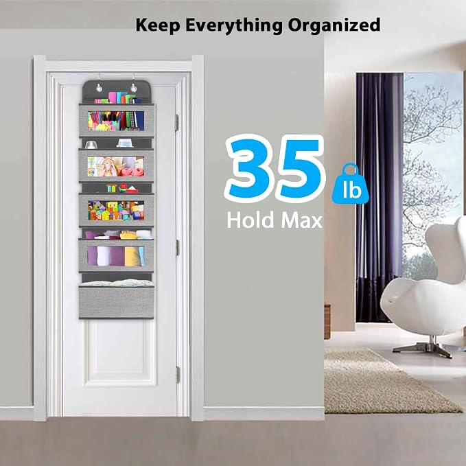 2 Pack Over the Door Hanging Organizer with 5 Large Pocket and Clear Window, Sturdy Over the Door Storage Organizer for Closet, Pantry, Bathroom,Bedroom, Nursery, Dorm (Grey) - Image 9