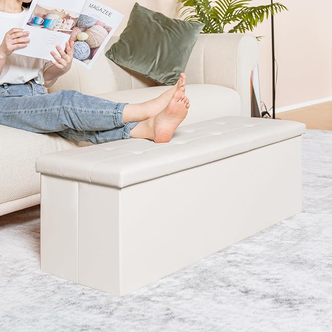 PINPLUS Folding Storage Ottoman Bench with Tray, 43.3inches Faux Leather Long Storage Chest Footrest Seat, Coffee Table, Foot of Bed Storage Bench for Living Room Bedroom, Beige - Image 4