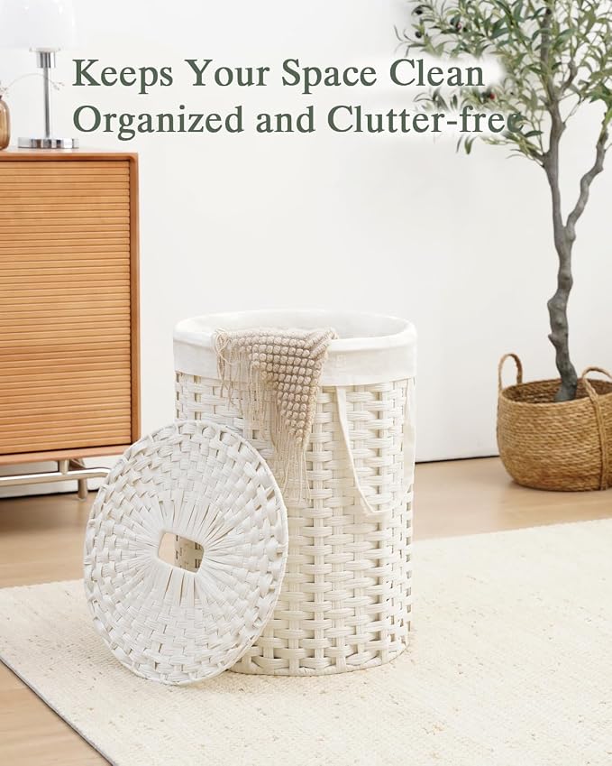 SETVSON Laundry Hamper with Lid Round Laundry Basket 23.8 Gal White | The lid hides dirty clothes, keeping spaces neat and fresh. 90 L Large Capacity, Stylish Design with Handles Easy Transport - Image 7