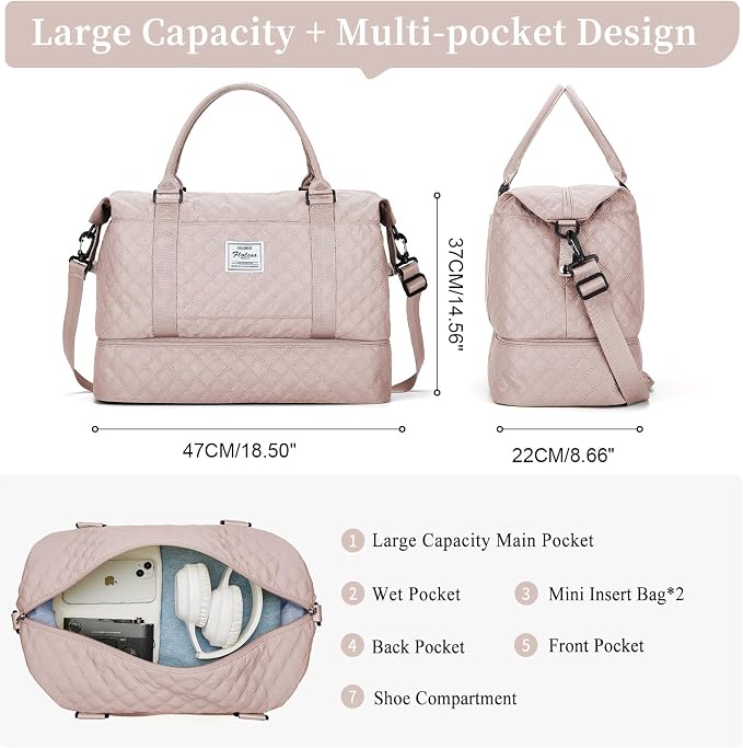 Weekender Bags for Women, Travel Duffel Bag with Shoes Compartment | Overnight Bag with Toiletry Bag, Carry on Personal Item Bag for Travel Business Trips Sport Hospital,Grid Travel Bag Set - Image 3
