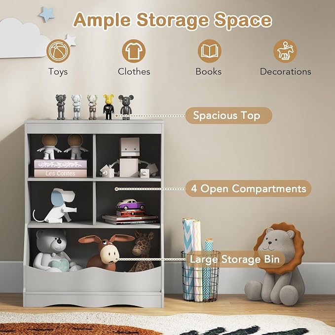 HONEY JOY Kids Toy Storage Organizer with Bookcase, 4-Cubby Organization Storage Cabinet w/Display Shelf, Wooden Toy Storage Unit for Playroom, Nursery Daycare(Gray) - Image 5