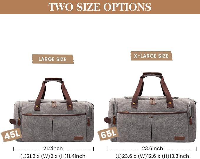 S-ZONE Canvas Duffel Bag for Travel Weekender Overnight Travel Bags for Men | Cotton Canvas, 45L Large Size, Shoes Compartment,Multi-Pocket, Removable Shoulder strap for Gym or Business, Light Gray - Image 4