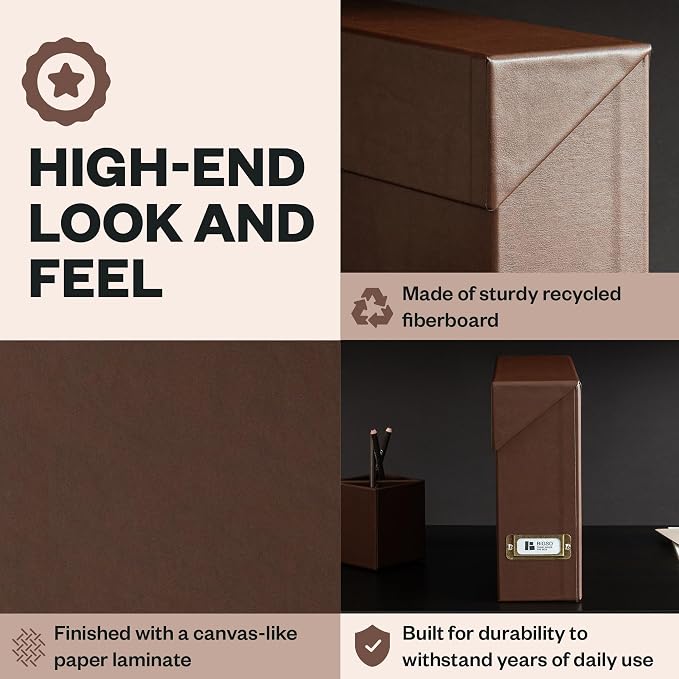 Bigso Lovisa Fiberboard Document Storage Box with 12 Folded Files for A4 and Letter Size Papers - Durable File Organizer Box with Lid and Label Holder - W3.7 x D13 x H9.4 (inches) - Recycled Leather - Image 4
