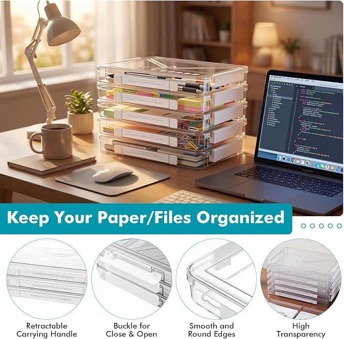 5 Pack Clear File Storage Box Portable Paper Case with Lid Handle,White | 11.7" x 8.27", Stackable A4 Paper Document Organizer for Scrapbook, Photos, Board Game, Craft and Art Supplies - Image 4