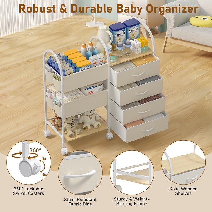 Baby Organizer and Storage Cart, 4-Tier Rolling Utility Cart with Wheels, Dividers and Drawers, Easy to Assemble for Nursery, Bedroom & Changing Table, White - Image 5