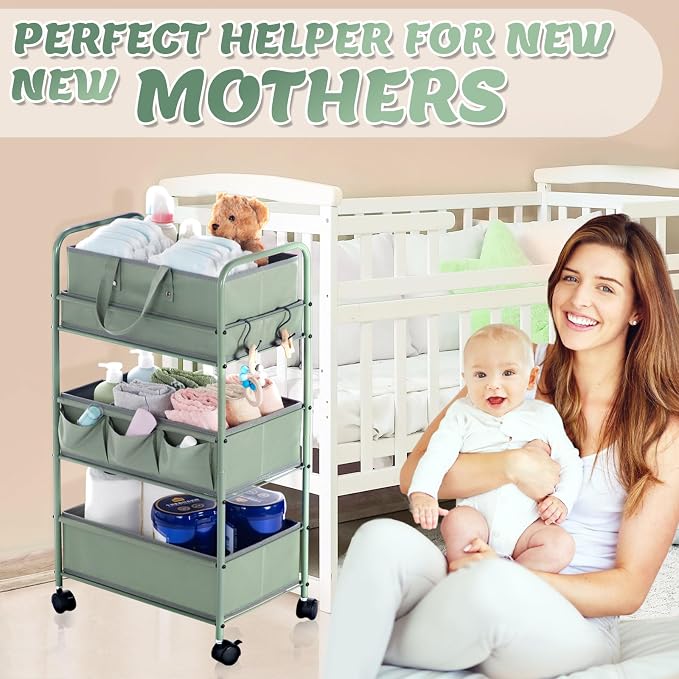 Honeydak 2in1 Baby Diaper Caddy Organizer Cart 3 Tier Large Capacity Metal Utility Bedside Rolling Cart with Divider Newborn Registry Nursery Essential Must Have Crib Bedroom Baby Shower(Green) - Image 5