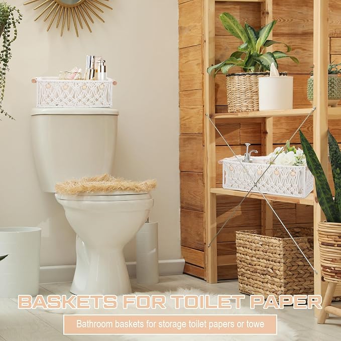 Vesici 4 Pcs Boho Macrame Storage Basket for Shelves 13" 11" Neutral White Storage Basket Hand Woven Box with Wood Handles Beads Decorative Countertop Toilet Cabinet Organizer for Home Decor - Image 6