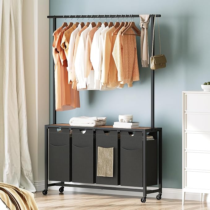 Laundry Sorter 4 Section, Rolling Laundry Hamper with Hanging Rack, Laundry Sorter with Wheels, Hampers for Laundry, Laundry Basket Organizer for Laundry Room, Rustic Brown LS47BR - Image 7