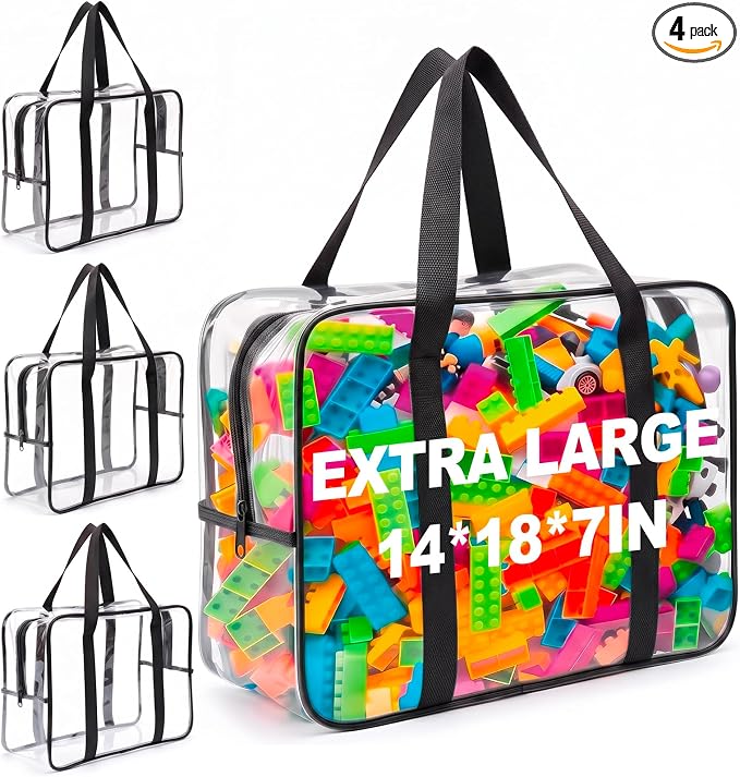 4 Pack Extra Large Clear Toy Storage Bags, 14x18x7 in, Black | Thick PVC Organizer Bags, with Zipper Handles, Ideal for Blocks, Puzzles, Stuffed Animals and Playroom Organization by Unknown