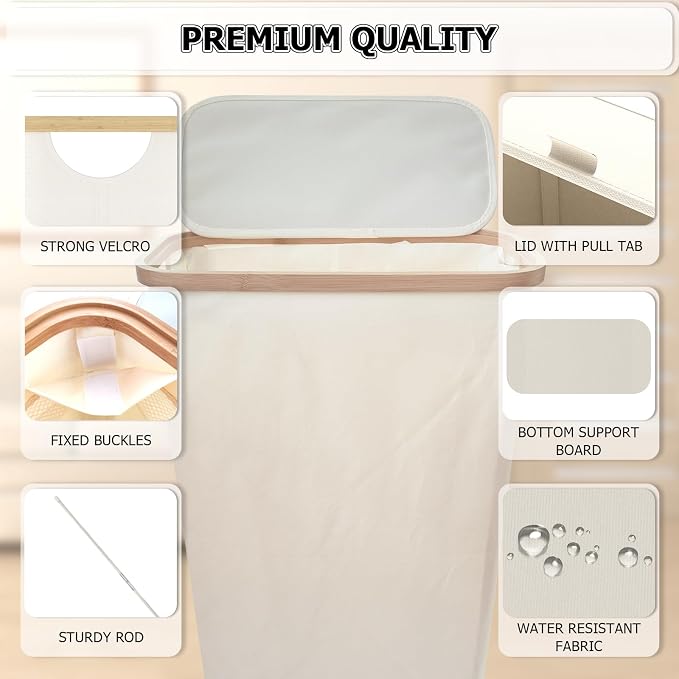 Slim Laundry Hamper with Lid, 60L Laundry Basket with Handles, Skinny Narrow Collapsible Dirty Clothes Hamper with Removable Laundry Bag for Bathroom Bedroom Dorm Clothes Toys Towels (Beige 1) - Image 3