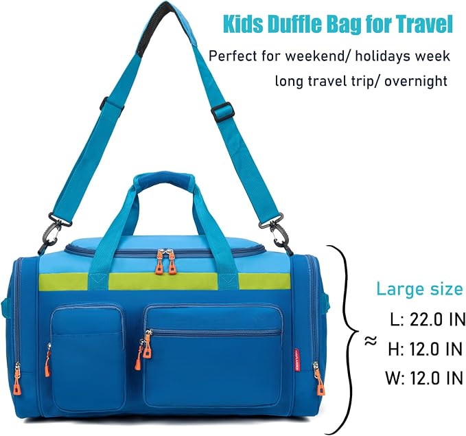 Large Kids Duffle Bag for Travel, Overnight or Weekend, Blue | Roomy Size: 22.0" L x 12.0" H x 12.0" W, Made of Thick Polyester Fabric - Image 5