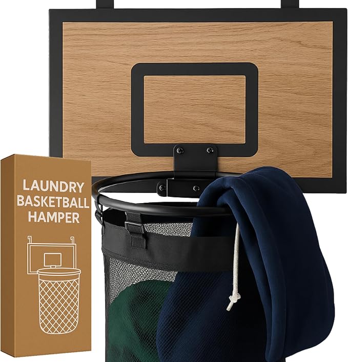 ActiveJoy – Basketball Laundry Hamper – Wooden Backboard & Mesh Hoop Laundry Basket – Over Door Hanging Organizer for Kids - Cedarwood Brown by Activejoybyblissbolt