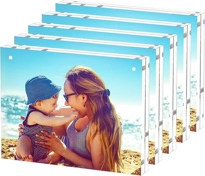 HELPLEX Acrylic Frame, 5 Pack 8x10 Picture Frames, 20mm Thicker Frameless Clear Frame Double Sided Magnetic Frame, Free Standing Desktop Display Stand Acrylic Frames by HELPLEX