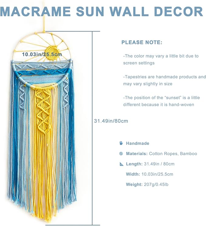 Artilady Macrame Wall Hanging Tapestry Boho, Blue Dream Catcher Sun Decor | Large Tapestry, Handmade Woven, Farmhouse Rustic, Colorful Sun Wall Art, Bedroom Living Room Kitchen Home Decor - Image 4