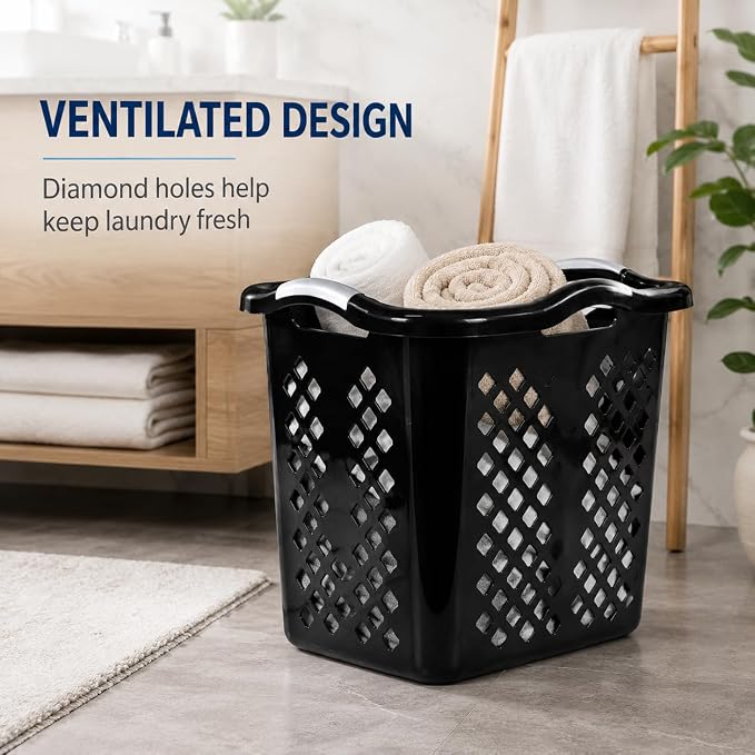 Laundry Basket 2 Bushel Plastic with Handles Black for Bedroom Dorm | 2 Bushel Laundry Basket with Wide Base – Tall sides like a hamper, wide base for stability. Diamond holes for ventilation. - Image 7