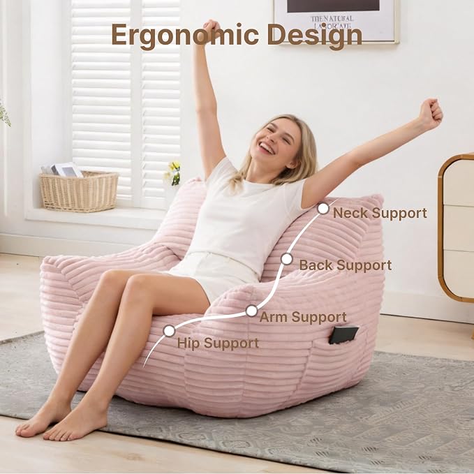 Bean Bag Chair for Adults & Kids, Giant Bean Bag Sofa with Side Pocket, Corduroy Beanbag Chair with Armrests, Comfy Stuffed Floor Sofa for Living Room Bedroom Dorm, Pink - Image 5