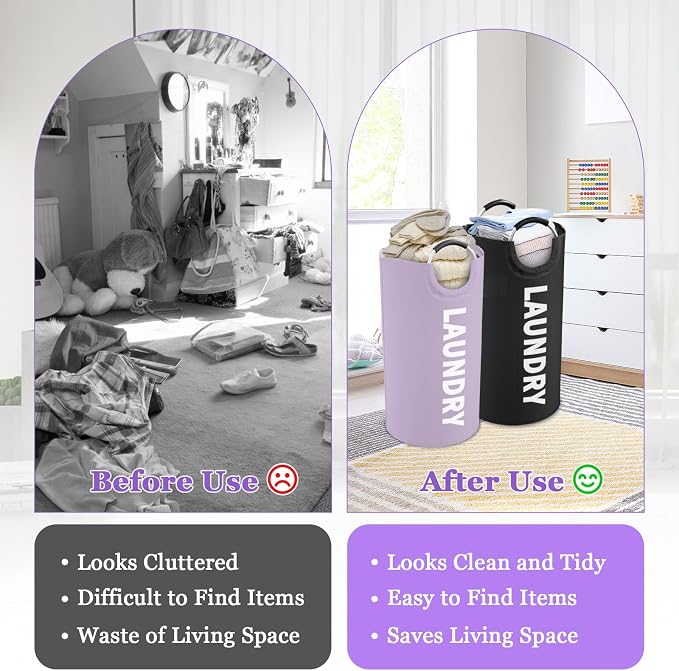 95L Foldable Laundry Basket, Large Clothes Hamper with Handle for Family | IHOMAGIC 2PCS Freestanding Dirty Clothes Hamper, Laundry Bin,Portable Storage Basket For Apartment, Hotel, Dorm, Black+Purple - Image 6