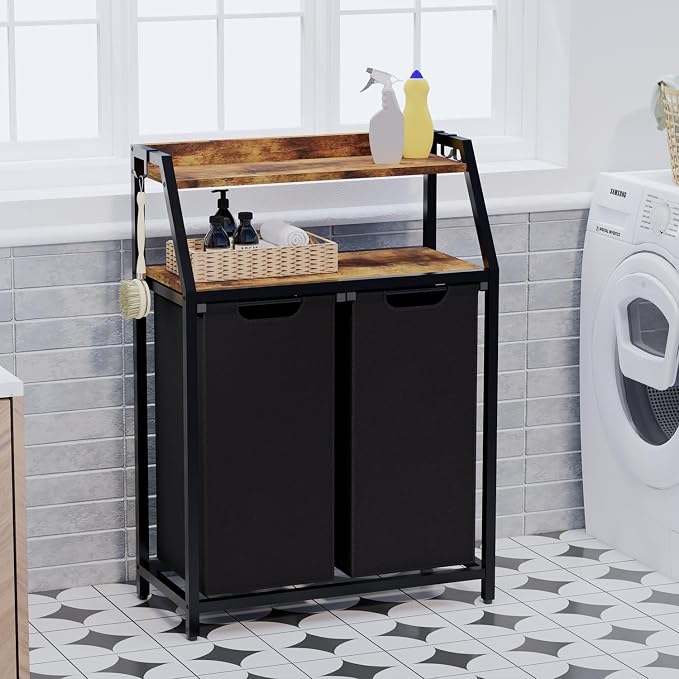 Laundry Hamper, Laundry Sorter 2 Section, Rolling Laundry Basket with Wheels, 2 Shelves, 2 × 14.5 Gal, Pull-Out and Removable Oxford Fabric Bags, for Laundry Room, Black and Rustic Brown - Image 7