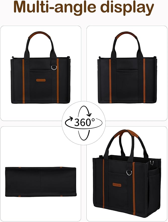 BESBESME Women’s Canvas Tote Bag with Zipper and Compartments – Multi-Pocket Laptop Work Crossbody Shoulder Tote Purse - Image 7