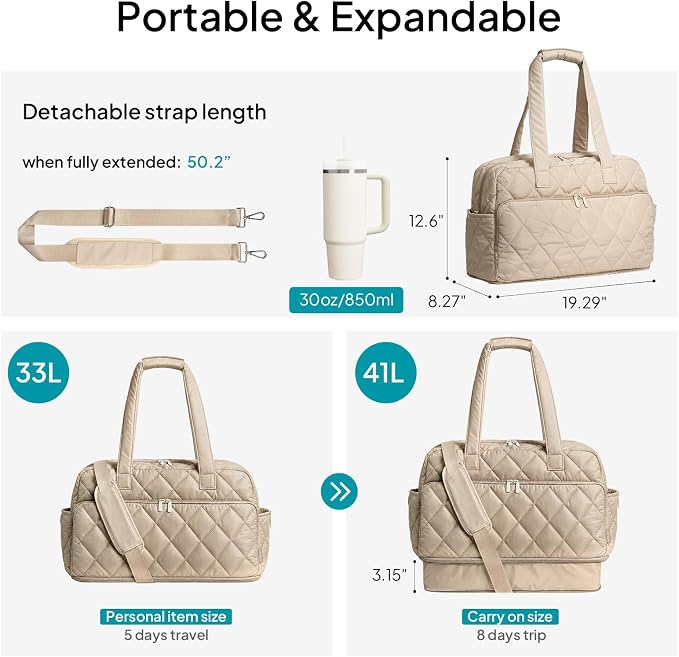 TOPEAST Duffel Bag for Women Travel, Expandable Quilted Duffle Weekender Overnight Bag with Adjustable Strap, Lightweight 33L Personal Item Bag Carry On for Gym Hospital - Image 3