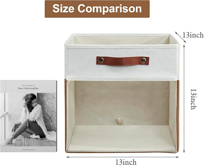 Storage Cubes, 4 Pack Linen Foldable Storage Bins (13 x 13 inch) with Clear Window and Handles, Fabric Organizer for Shelf Closet, Clothes, Books - (Brown and White) - Image 2