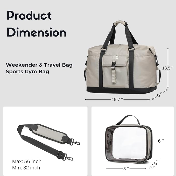 Duffel with Utility Pouch, 40L Weekender Overnight Bag with Shoe Compartment for Travel and Sports (Grey and black) - Image 10