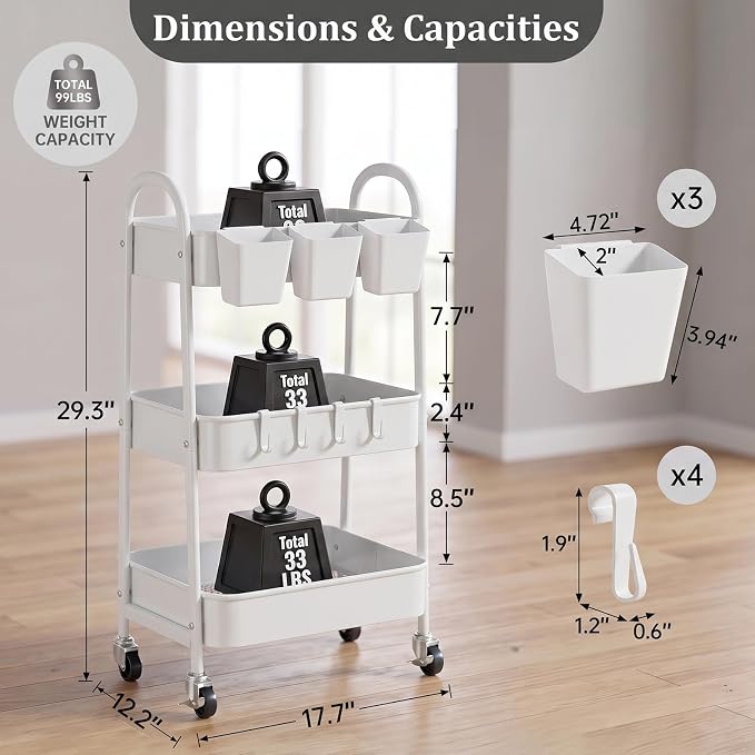 danpinera 3-Tier Rolling Cart, Utility Cart Mobile Metal Rolling Storage Cart with Lockable Wheels & Hanging Cups & Hooks for Kitchen, Bathroom, Office, Workshop, White - Image 2