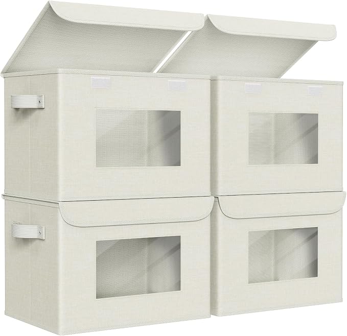 Univivi Fabric Storage Bins with Lids for Clothes 4 Pack, Beige Linen | 17 x 12 x 12 In Foldable Storage Boxes with Handles, Clear Window, Closet Organizers for Home, Bedroom by Univivi