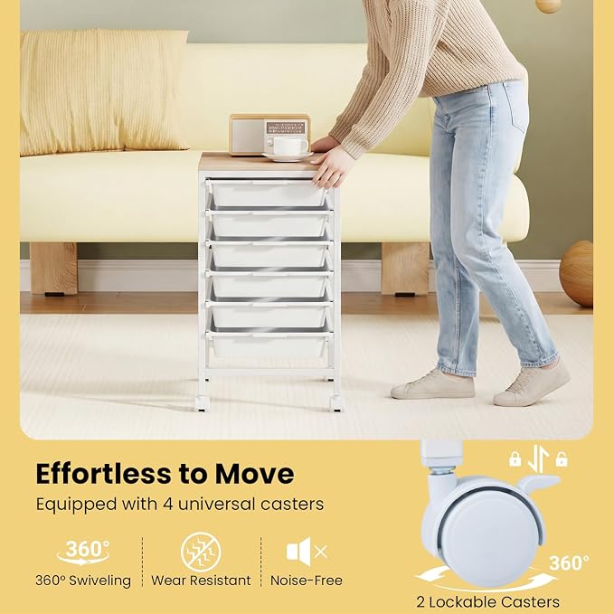 GOFLAME 6-Drawer Rolling Storage Cart, Craft Storage Cart with Wood Tabletop and Lockable Wheels, Art Cart Supply Storage Organizer with Metal Frame for Home Office Classroom, White - Image 6