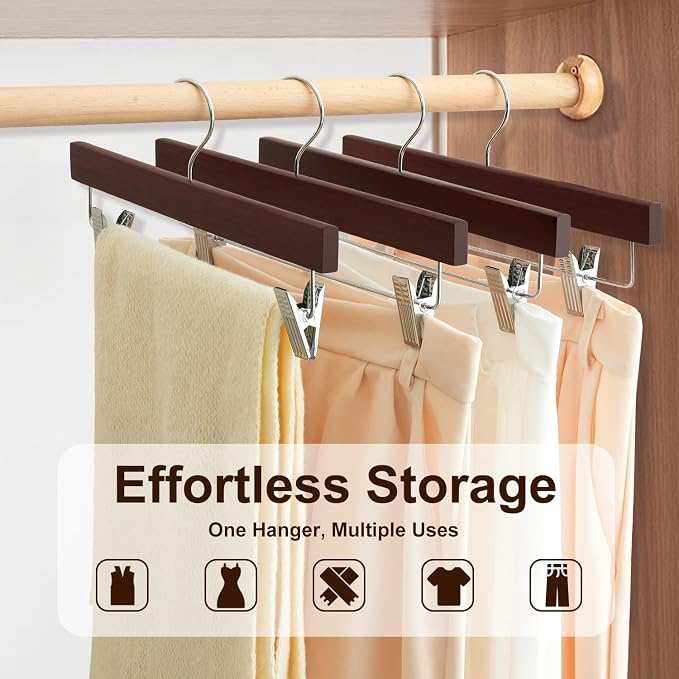 BAGAIL 20 Pack Wooden Pants Hangers with Adjustable Clips, 360°Swivel Hook Space Saving Skirt Holders with Anti-Rust Clips for Trousers, Jeans, Shorts(Walnut) - Image 5