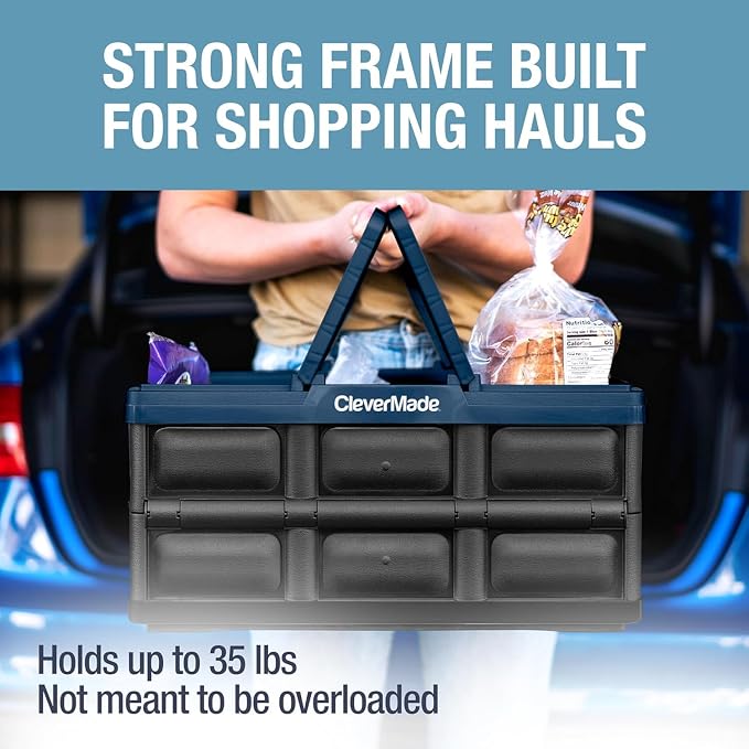 CleverMade Collapsible Shopping Basket, 32L Storage Crate, 1 Pack, Ocean | Carry Bigger Grocery Hauls with Confidence | Rigid Walls Hold 35 lb, While Top and Side Handles Balance the Load - Image 3