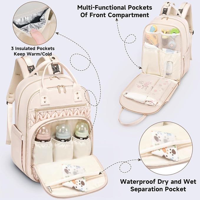 Tealari Diaper Bag Backpack,Stylish Baby Diaper Bag,Waterproof Travel Diaper Backpacks Baby Bags with Changing Pad,Stroller Straps,Insulated Pockets (Beige) - Image 3